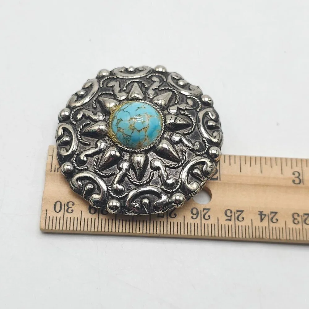 Vintage Silver Tone Medallion Brooch With Faux Turquoise Glass Cabochon